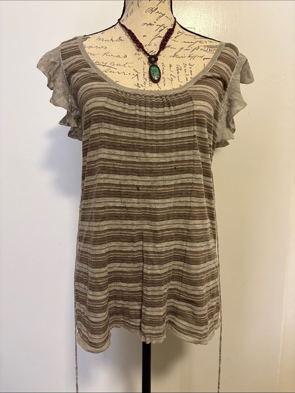 Free People *Striped Ruffle Sleeve Women’s Top - Taupe Brown